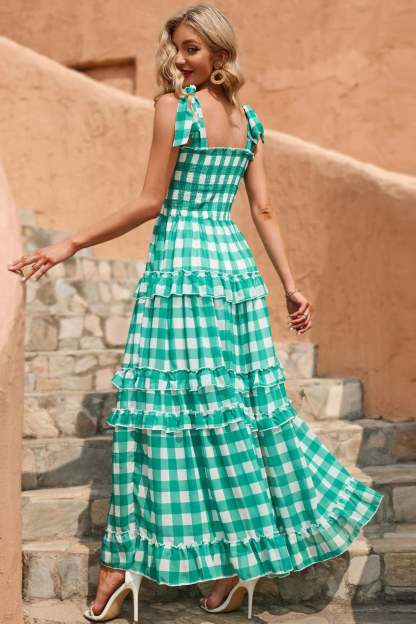 Striped Smocked Elastic Lace Up Ruffle Large Hemline Maxi Dress