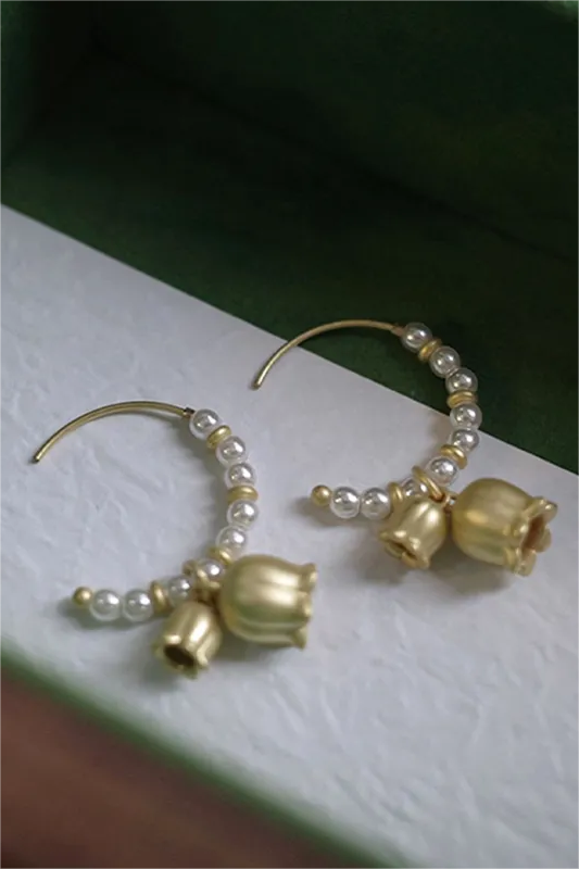 Gold Floral Faux Pearl Earrings