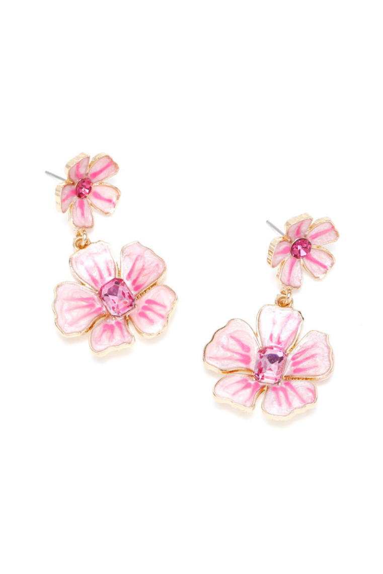 Enamel Floral Imitation Gemstone Drop Earrings