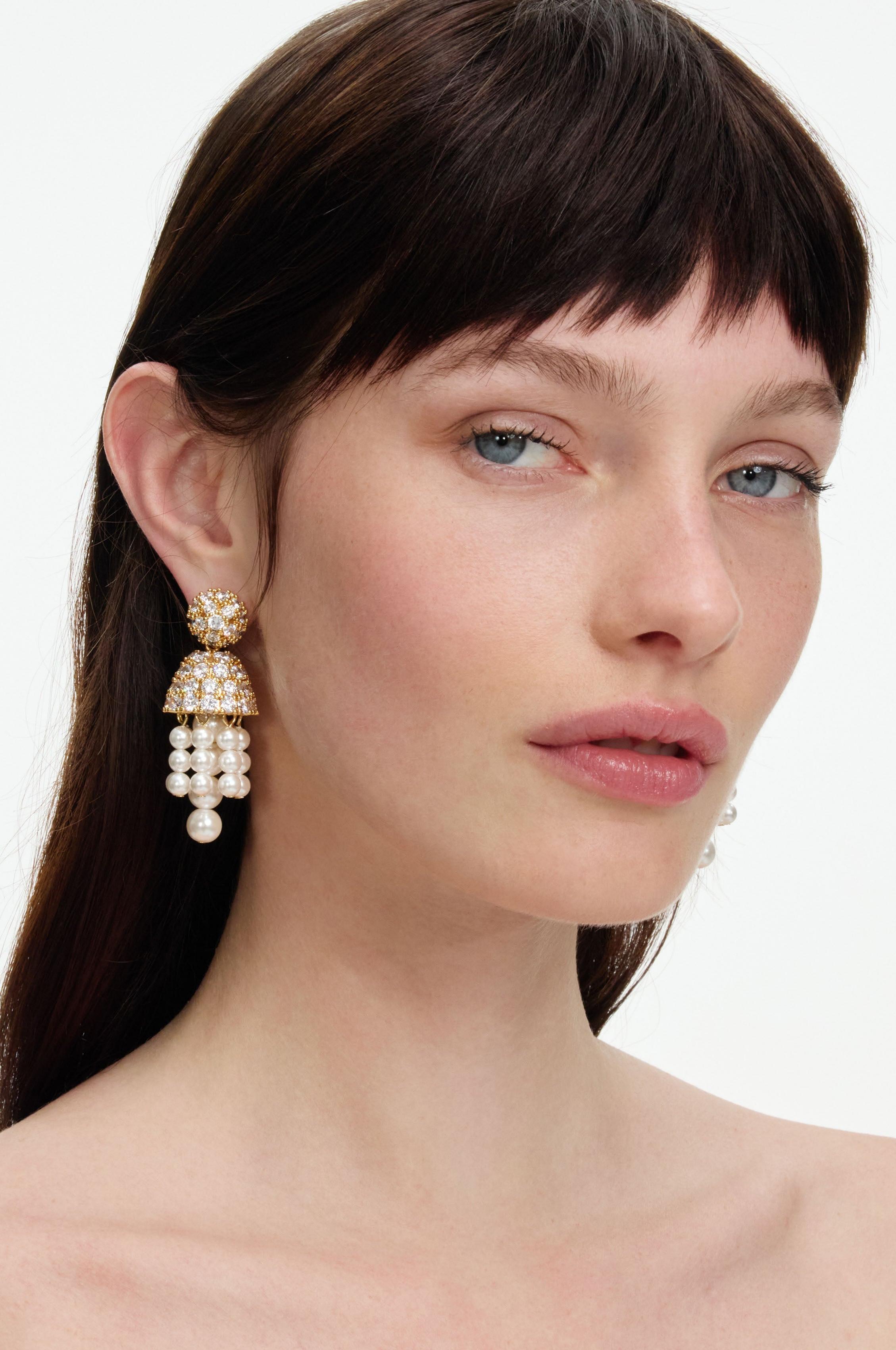 Gold Crystal Cluster Faux Pearl Drop Earrings