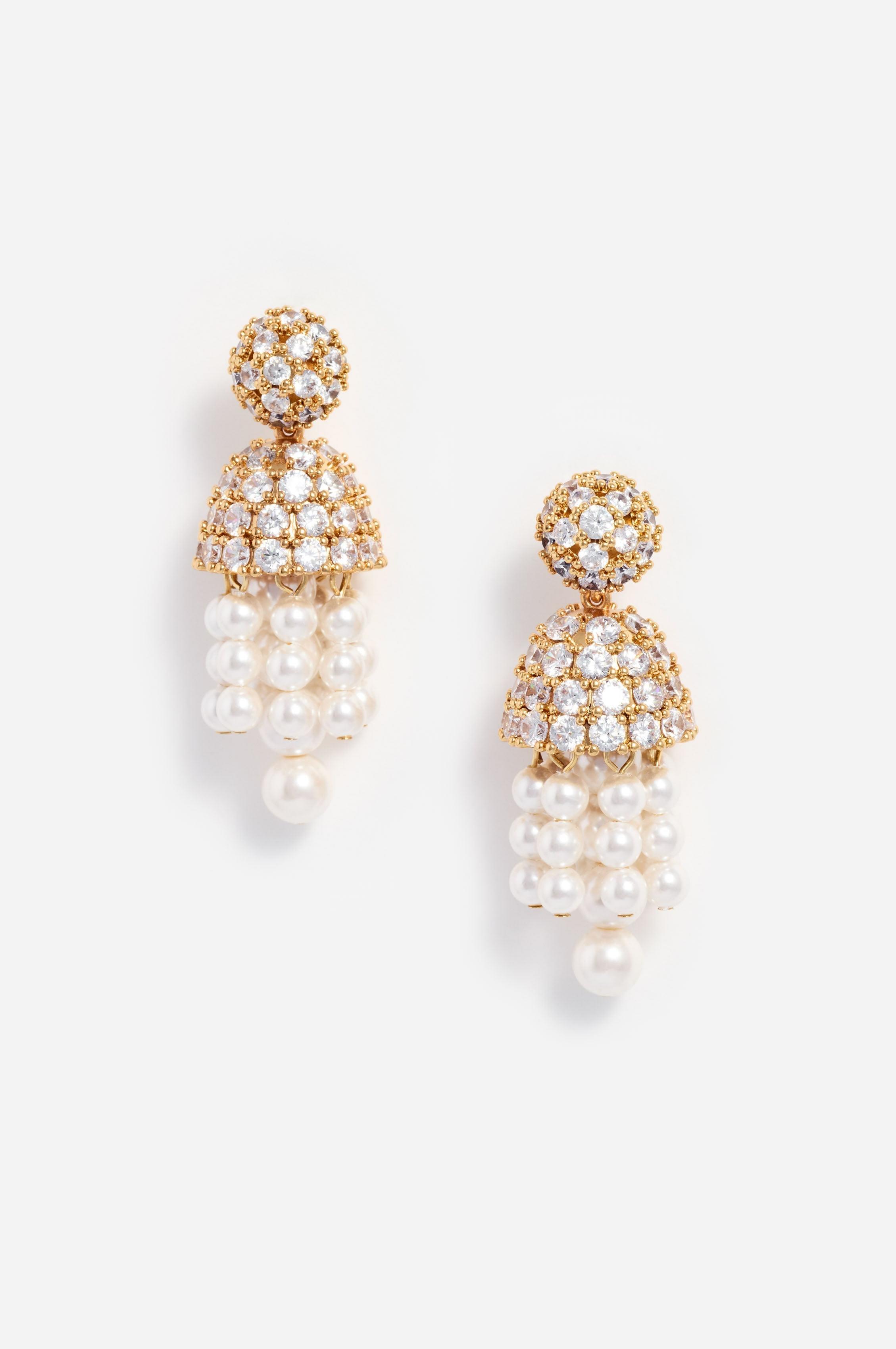 Gold Crystal Cluster Faux Pearl Drop Earrings