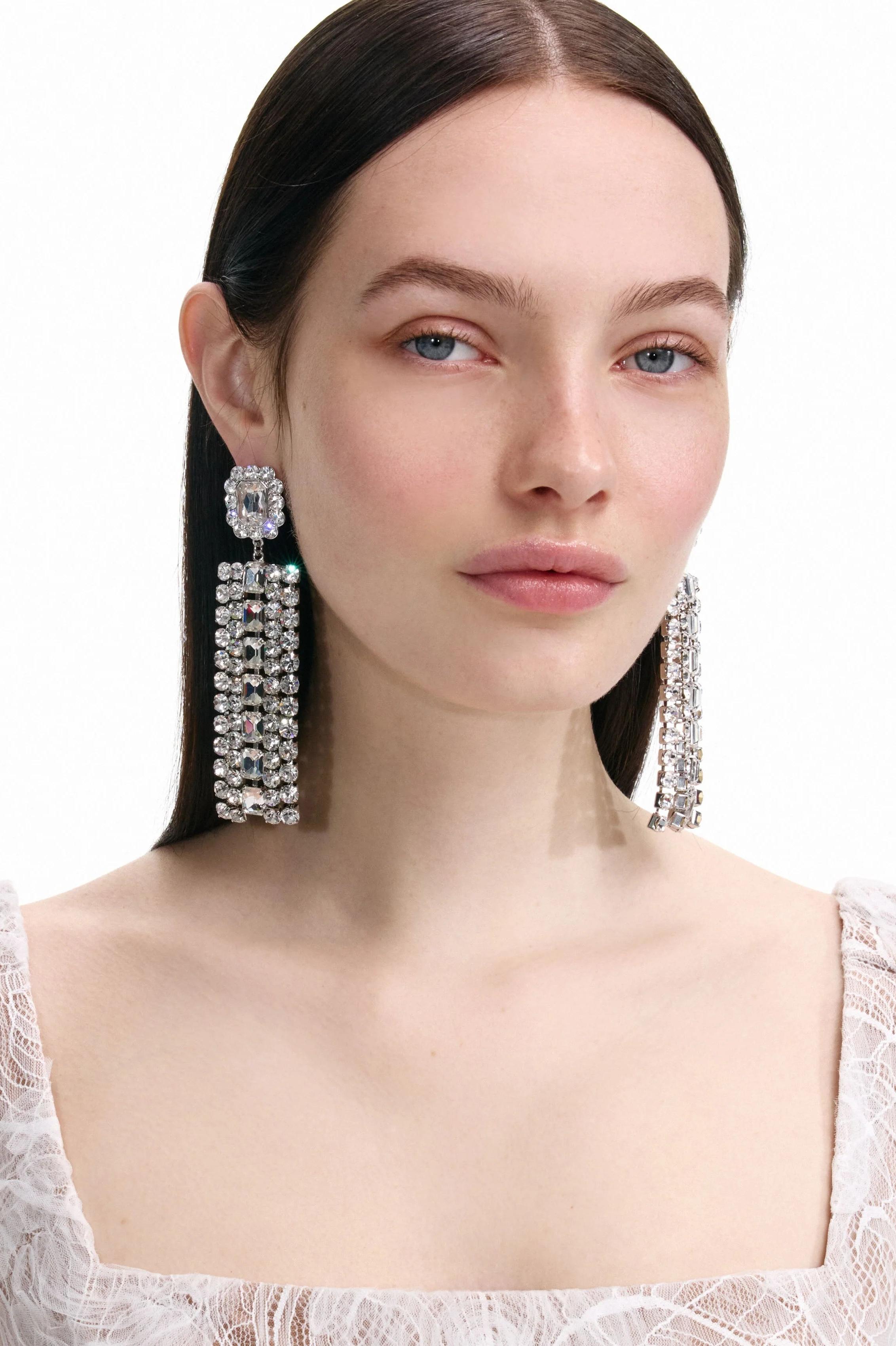 Rectangle Crystal Tassel Earrings