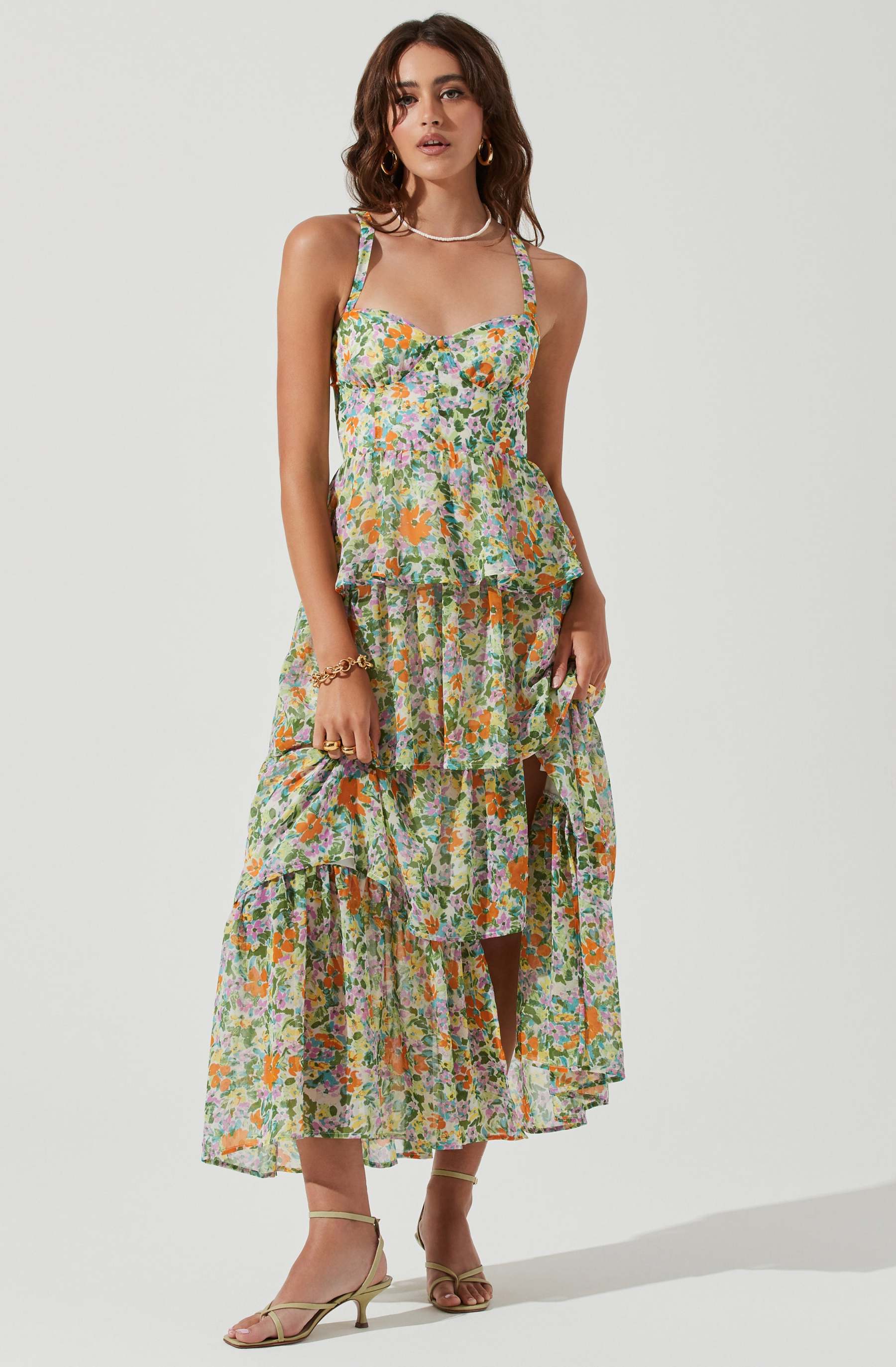 Cami Floral Backless Tiered Hem Maxi Dress Green