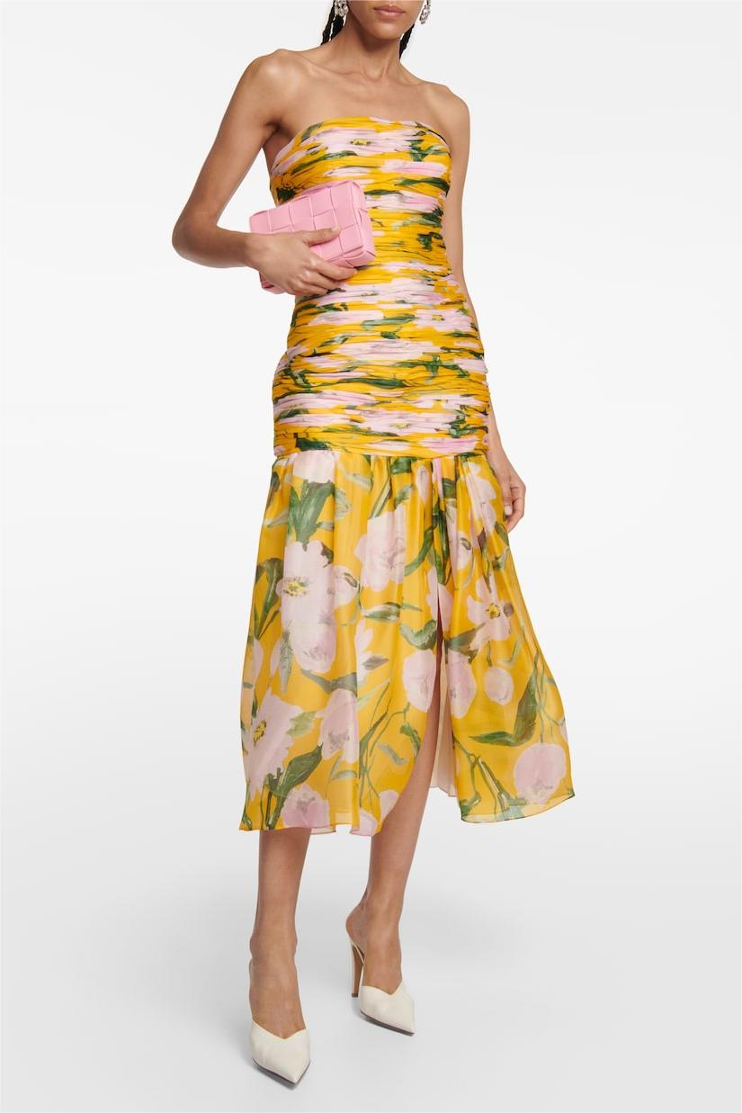 Floral Ruched Strapless Midi Dress