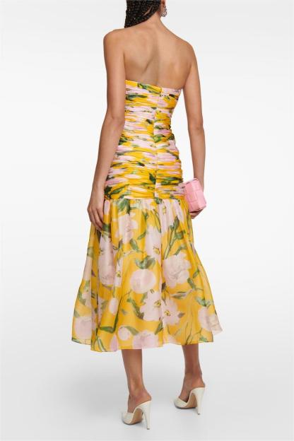 Floral Ruched Strapless Midi Dress