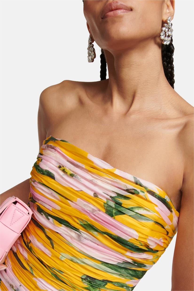 Floral Ruched Strapless Midi Dress
