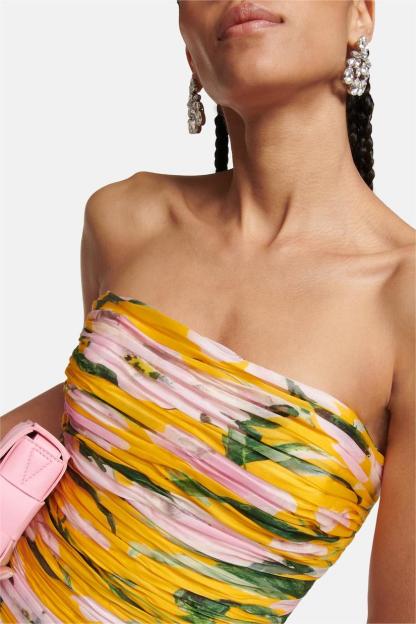 Floral Ruched Strapless Midi Dress