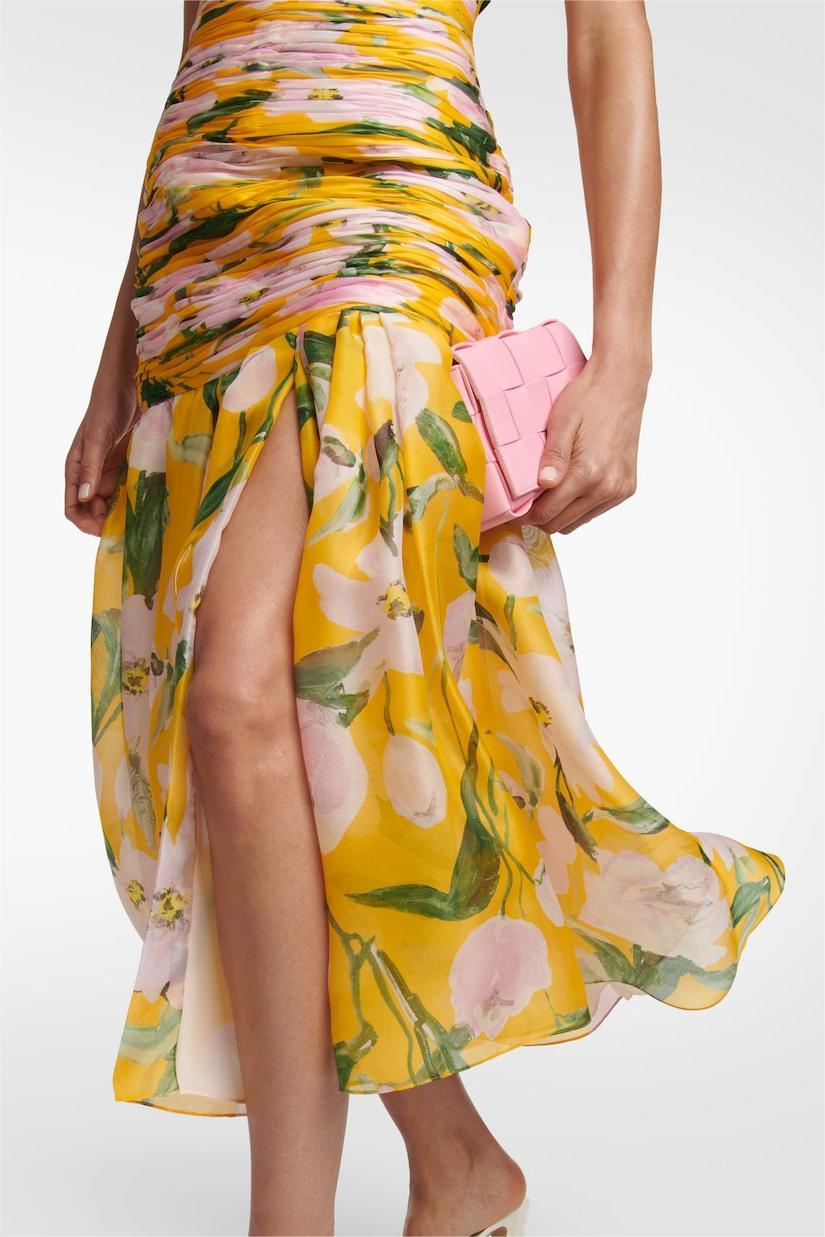 Floral Ruched Strapless Midi Dress