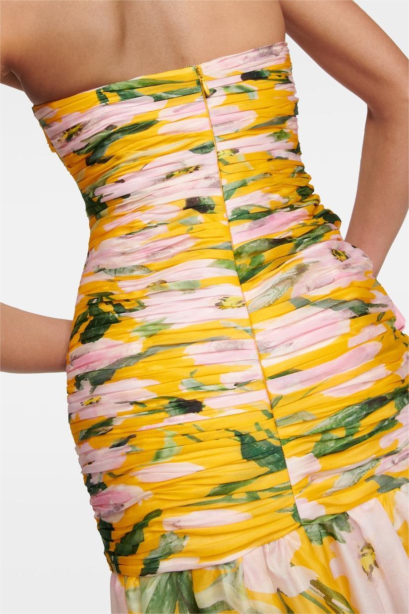 Floral Ruched Strapless Midi Dress