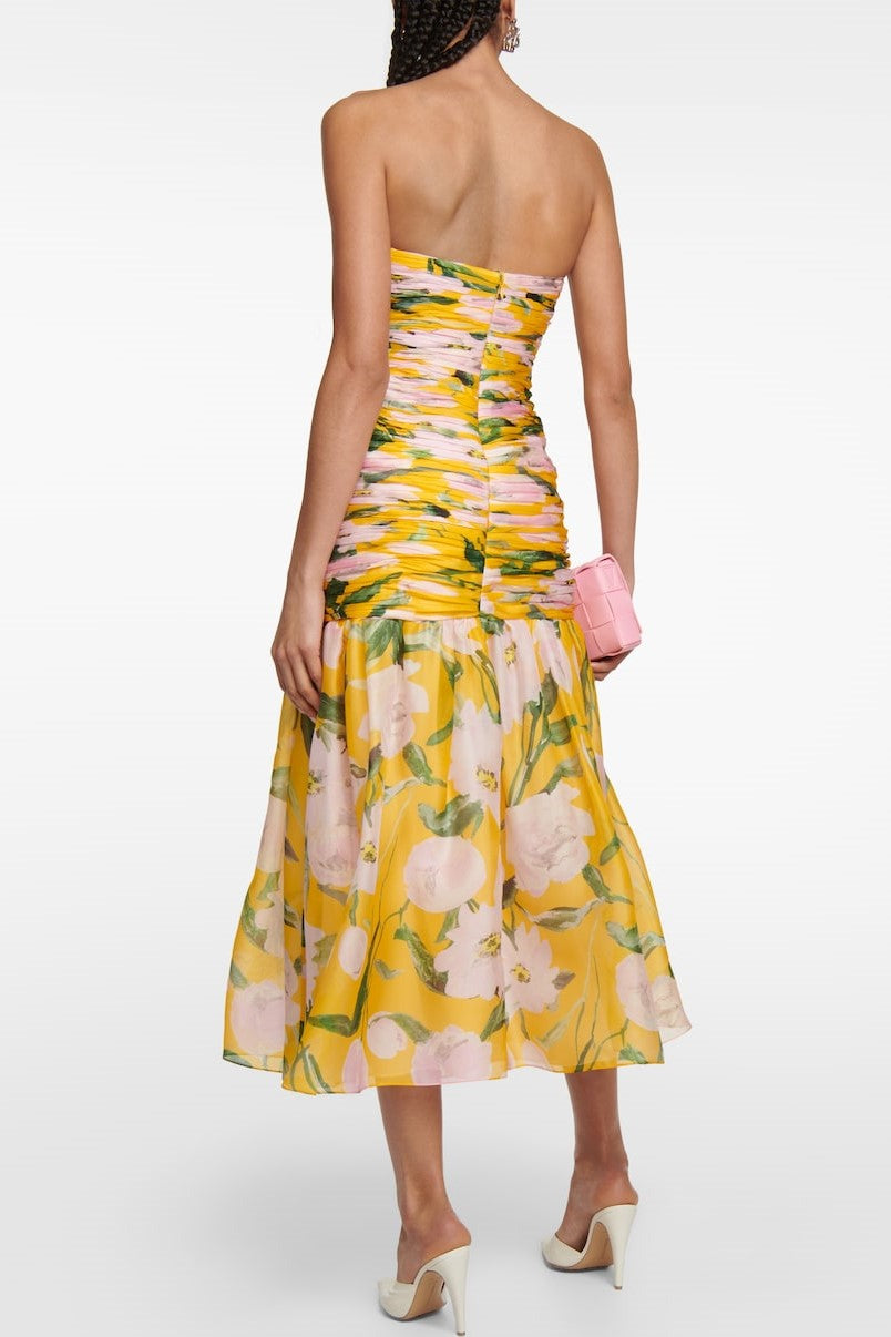 Floral Ruched Strapless Midi Dress