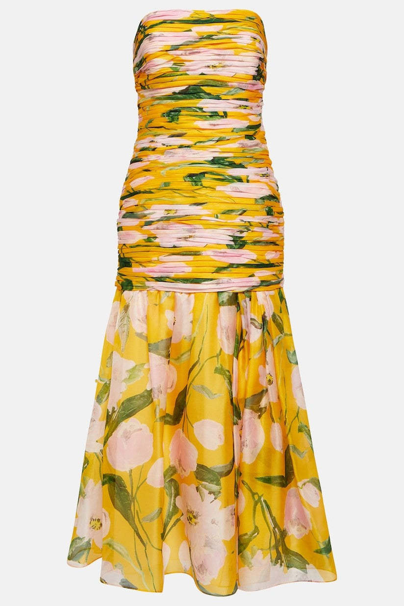 Floral Ruched Strapless Midi Dress