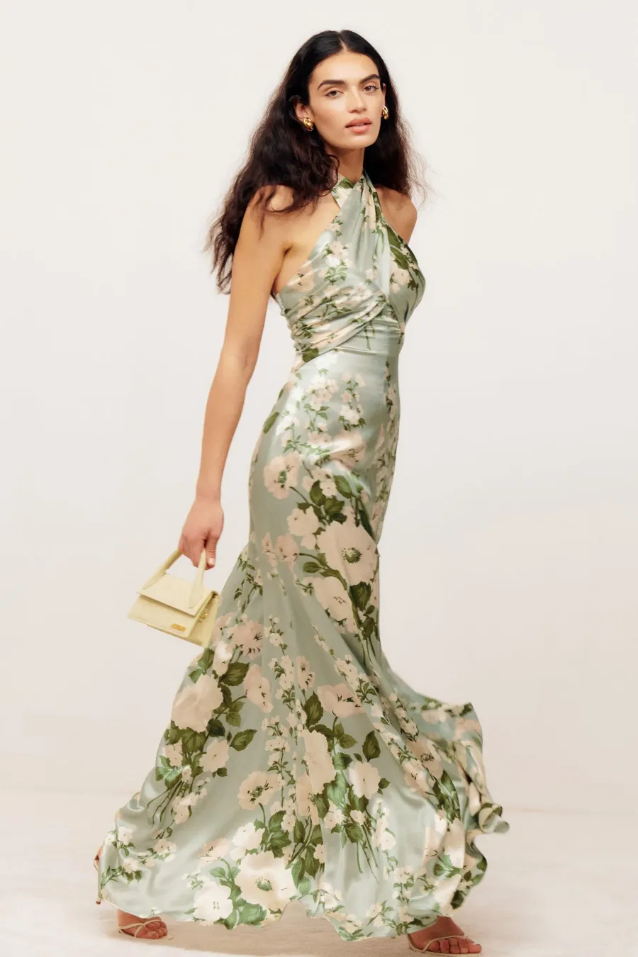 Dress Patchwork Fit Slim Ruffled Beige V Neck Maxi Flare Lace main image 1