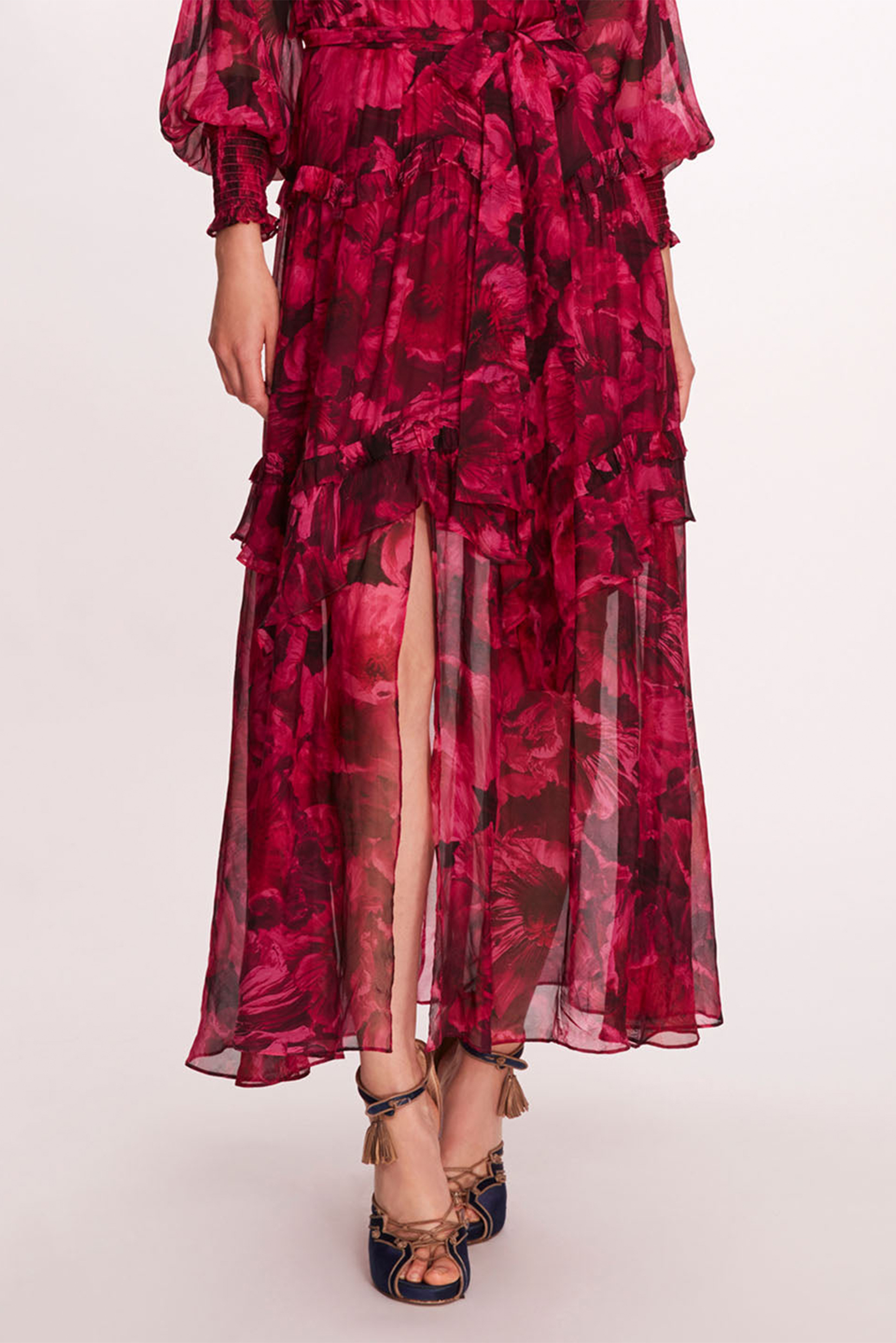 Floral Ruffle Lantern Sleeve Midi Dress