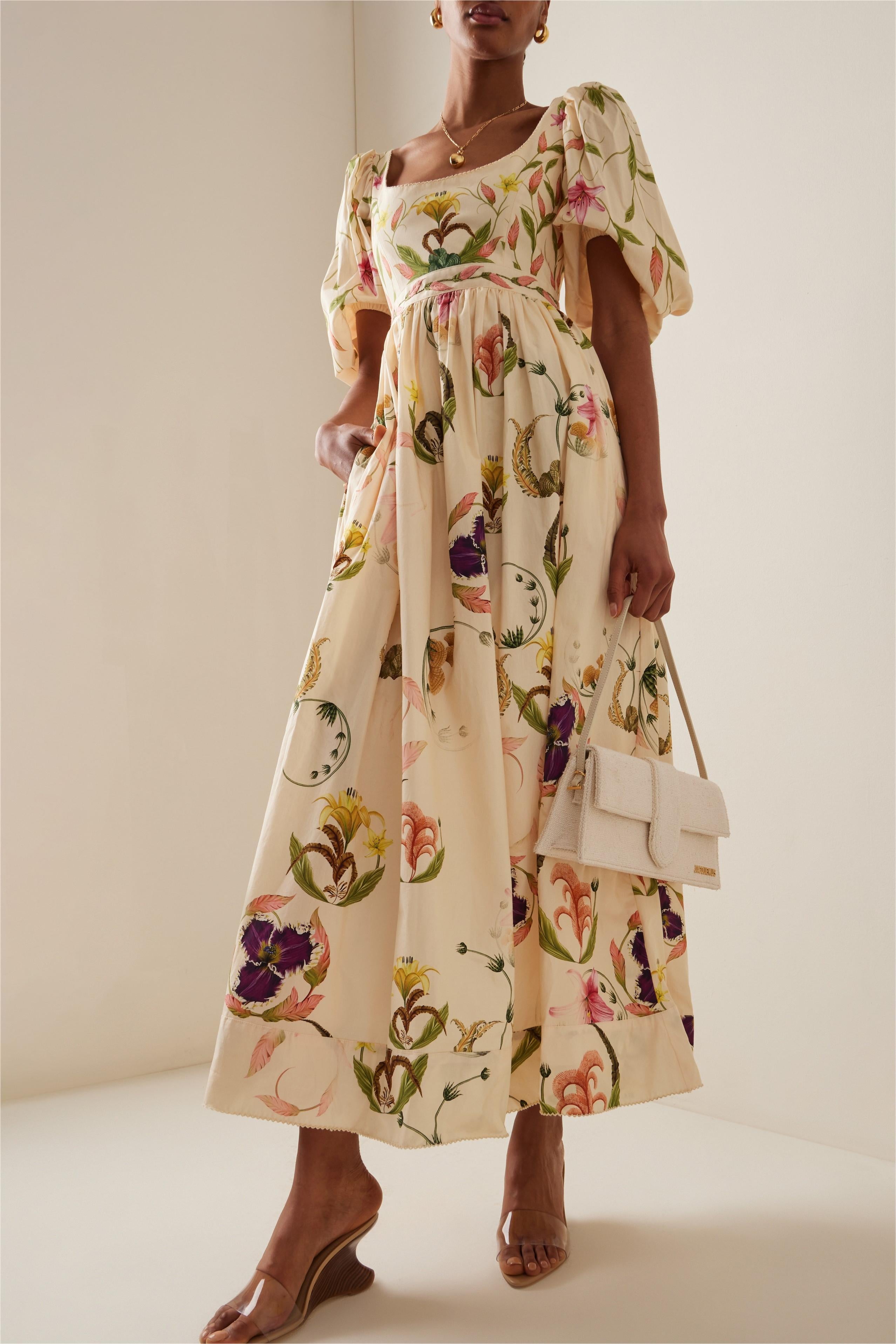 Floral Embroidery Puff Sleeve Square Collar Midi Dress