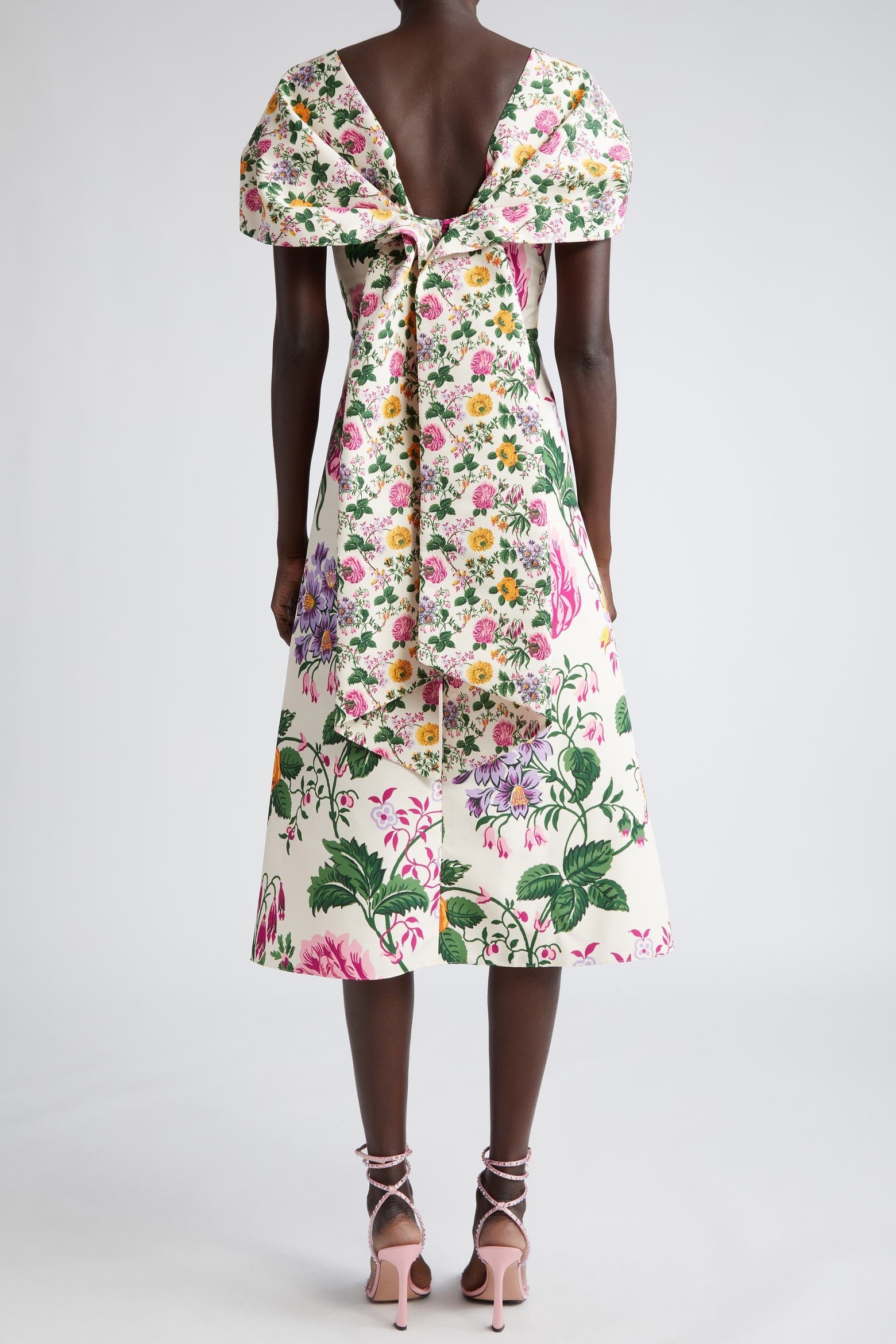 Floral Bow Draped Short Sleeve Midi Dress