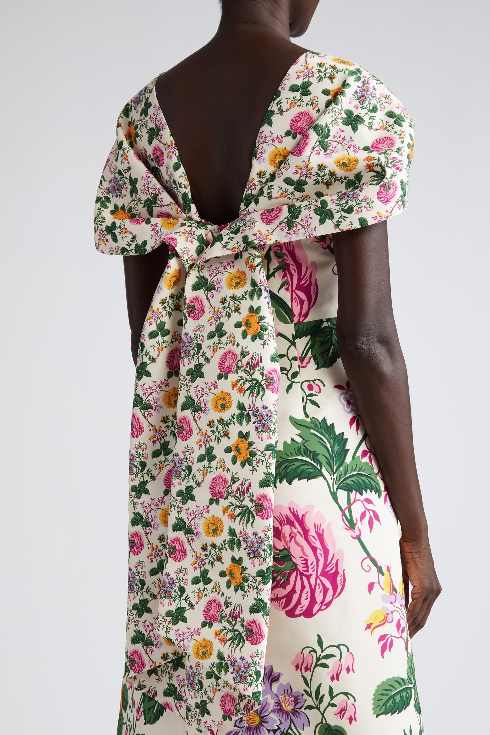 Floral Bow Draped Short Sleeve Midi Dress