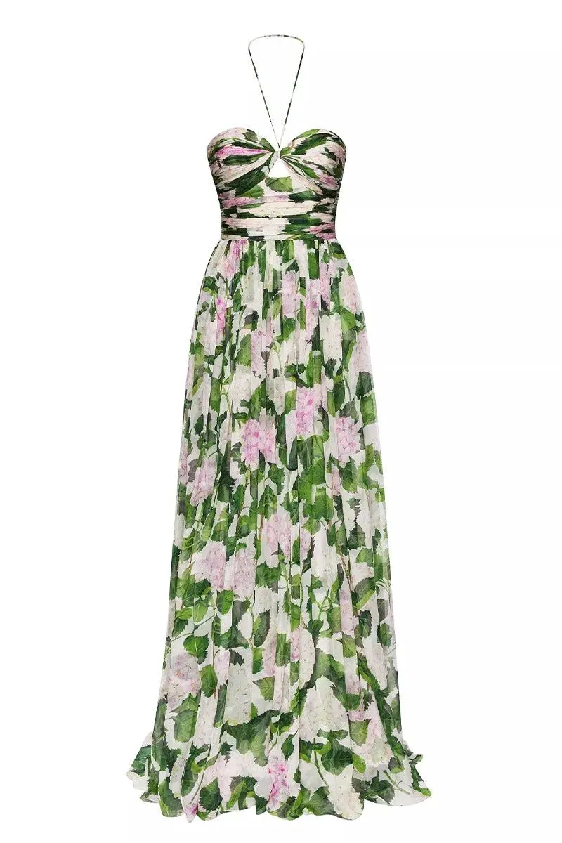 Floral Off-Shoulder Halter Neck Pleat Maxi Dress