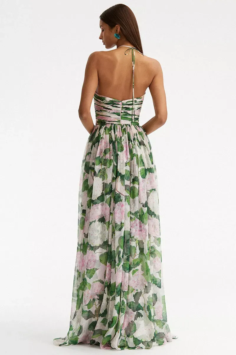 Floral Off-Shoulder Halter Neck Pleat Maxi Dress