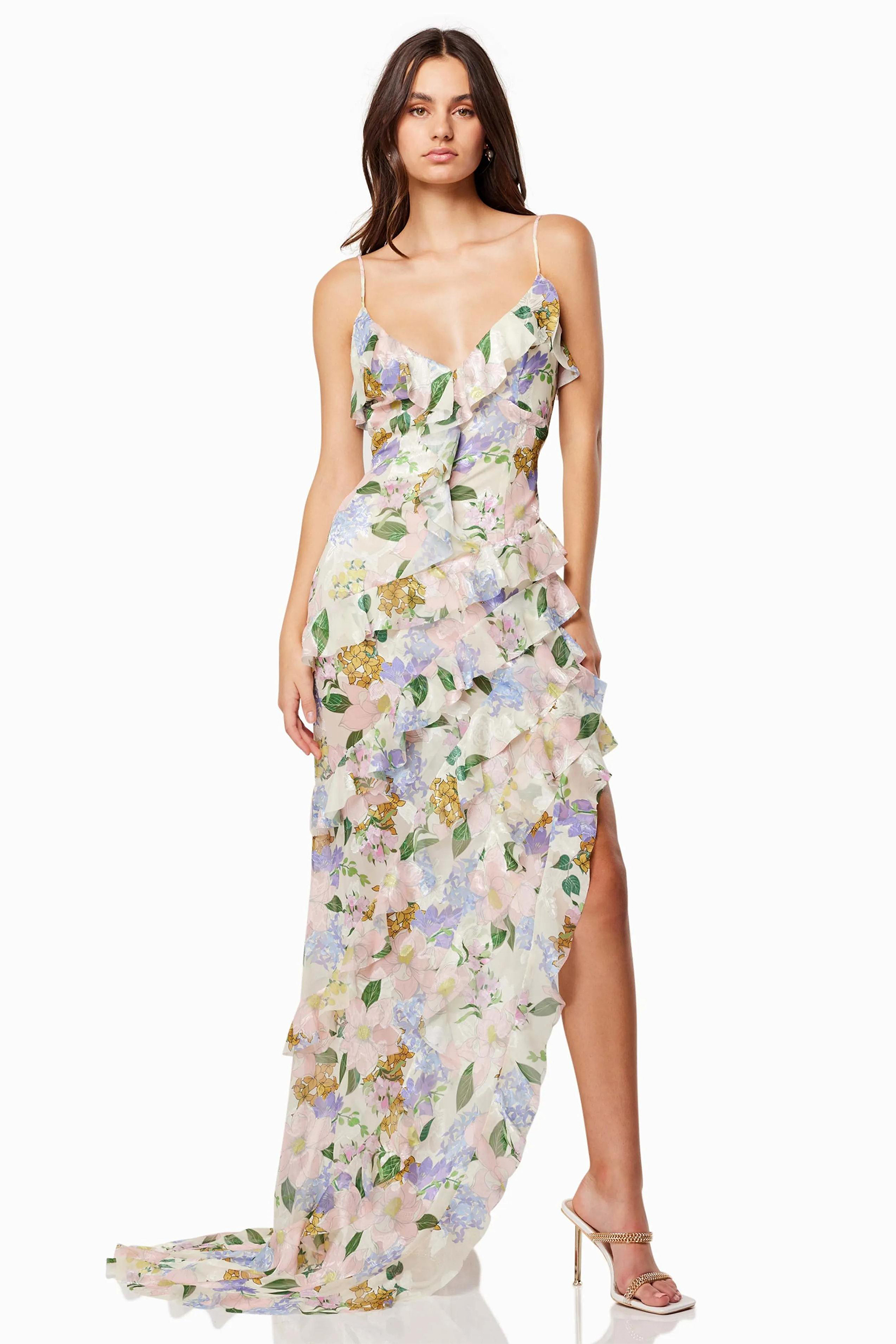 Floral V-Neck Frill Slip Maxi Dress