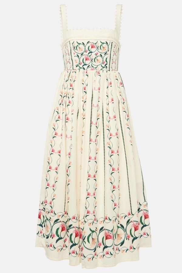 Floral Mid Sleeve Square Collar Midi Dress