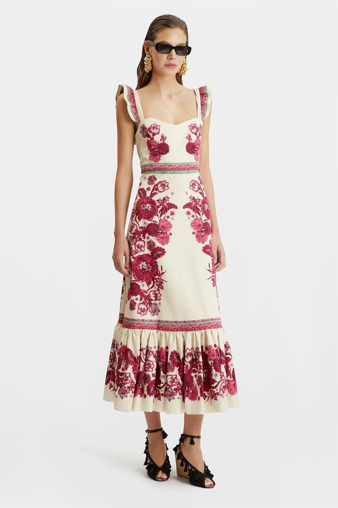 Floral Sleeveless Sweetheart Neck Splicing Midi Dress