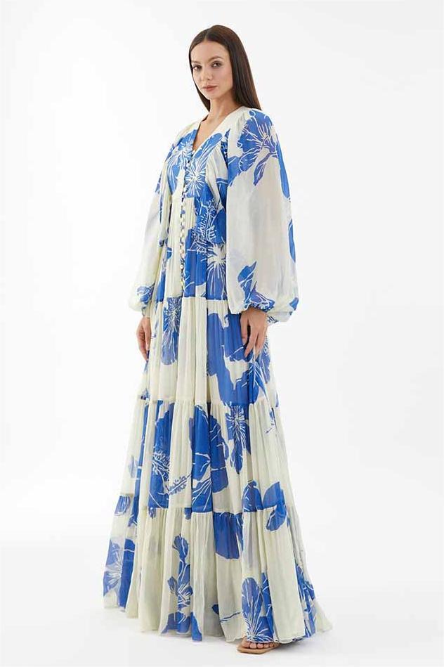 Floral Print Long Sleeve V-Neck Maxi Dress