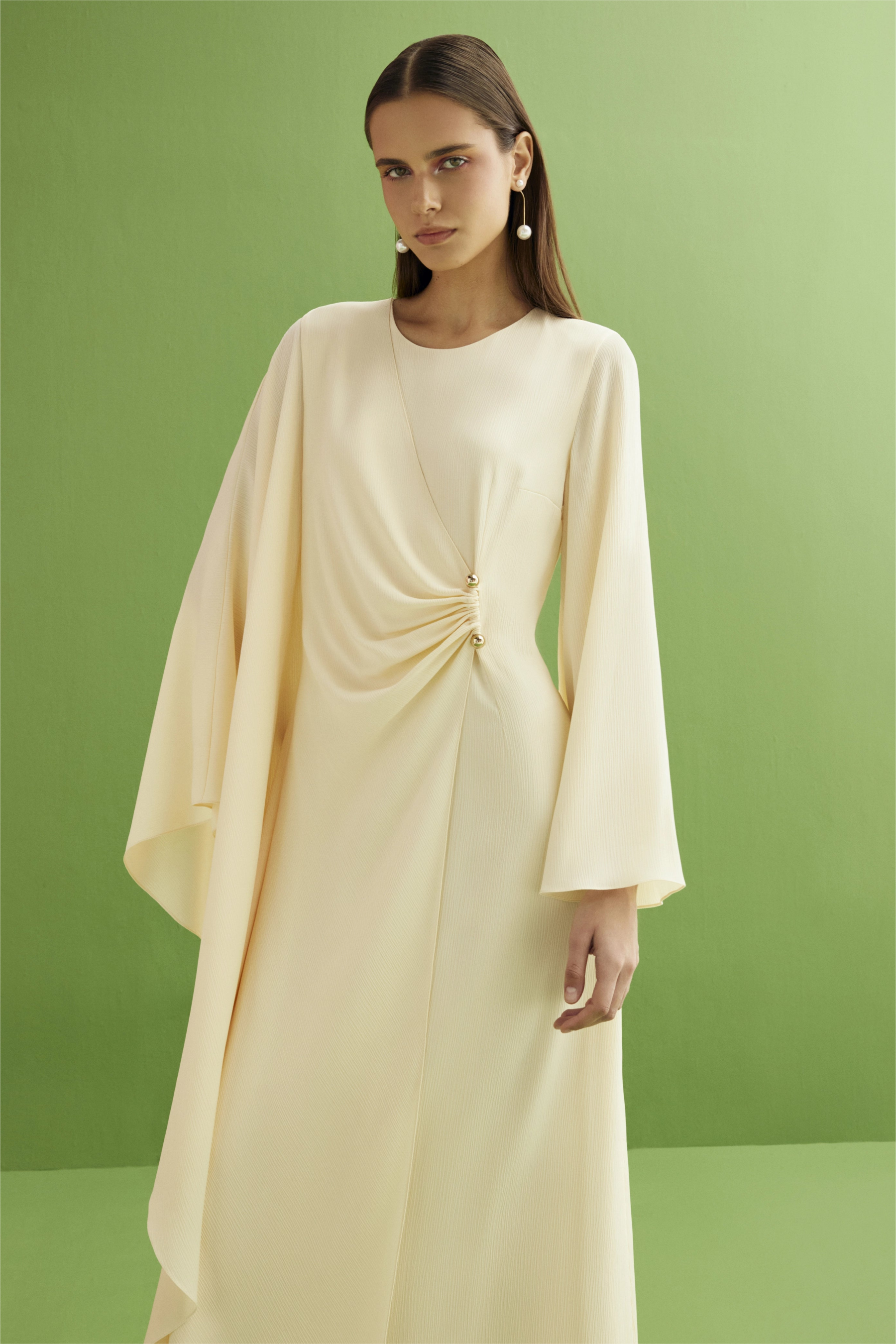 Jersey Solid Round Neck Cape Sleeve Maxi Dress