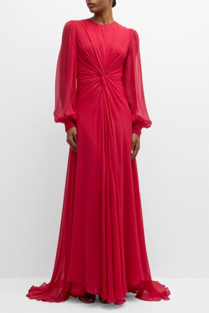 Solid Knotted Lantern Sleeve Maxi Dress