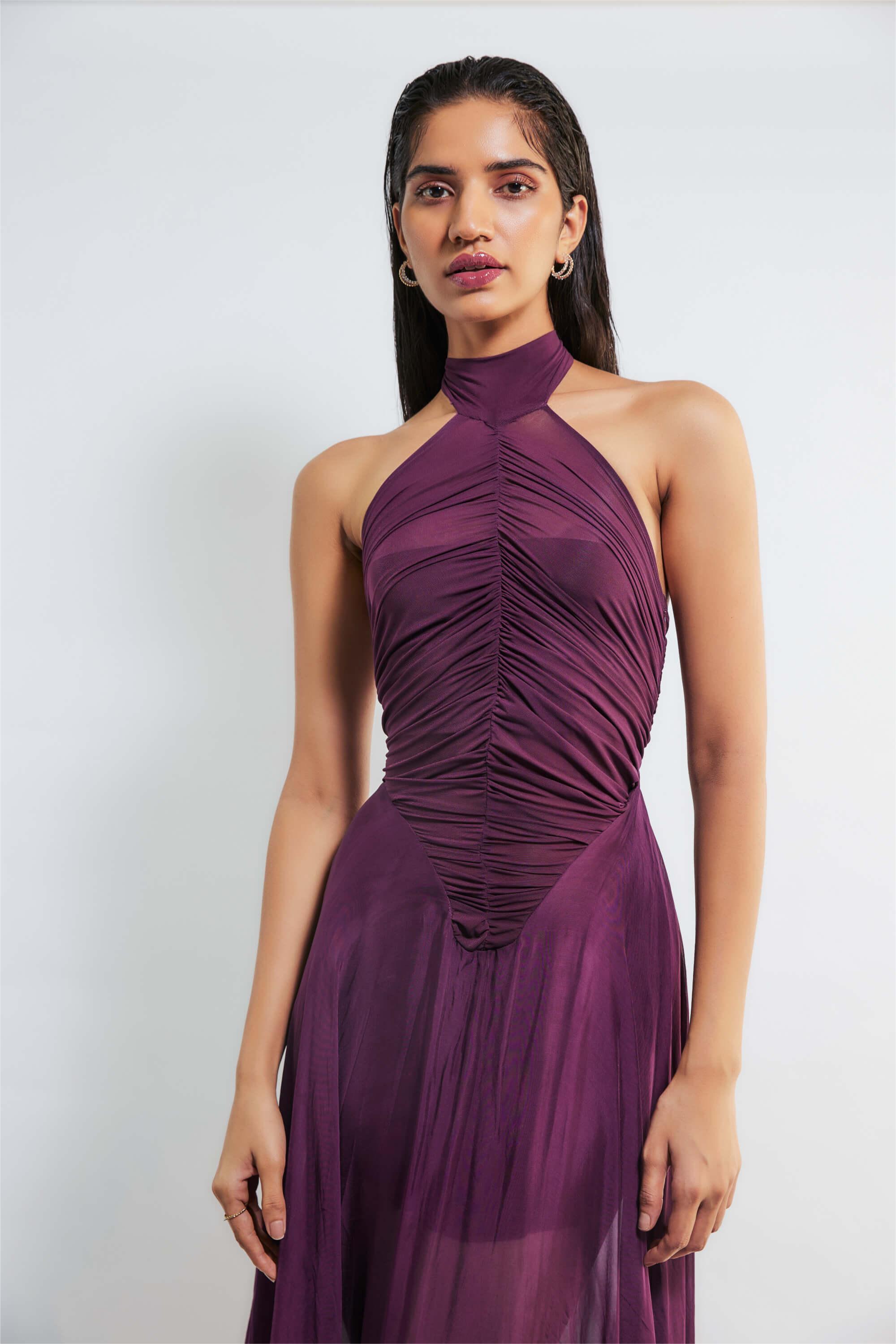 Solid Halter Neck Ruched Maxi Dress – JardinVue