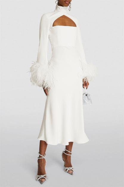 Feather Solid High Neck Midi Dress