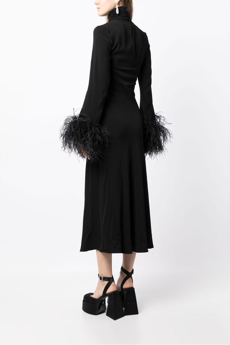 Feather Solid High Neck Midi Dress Black