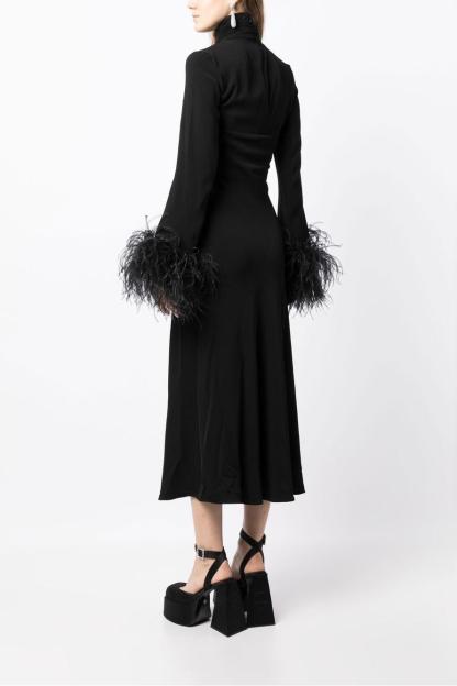 Feather Solid High Neck Midi Dress Black