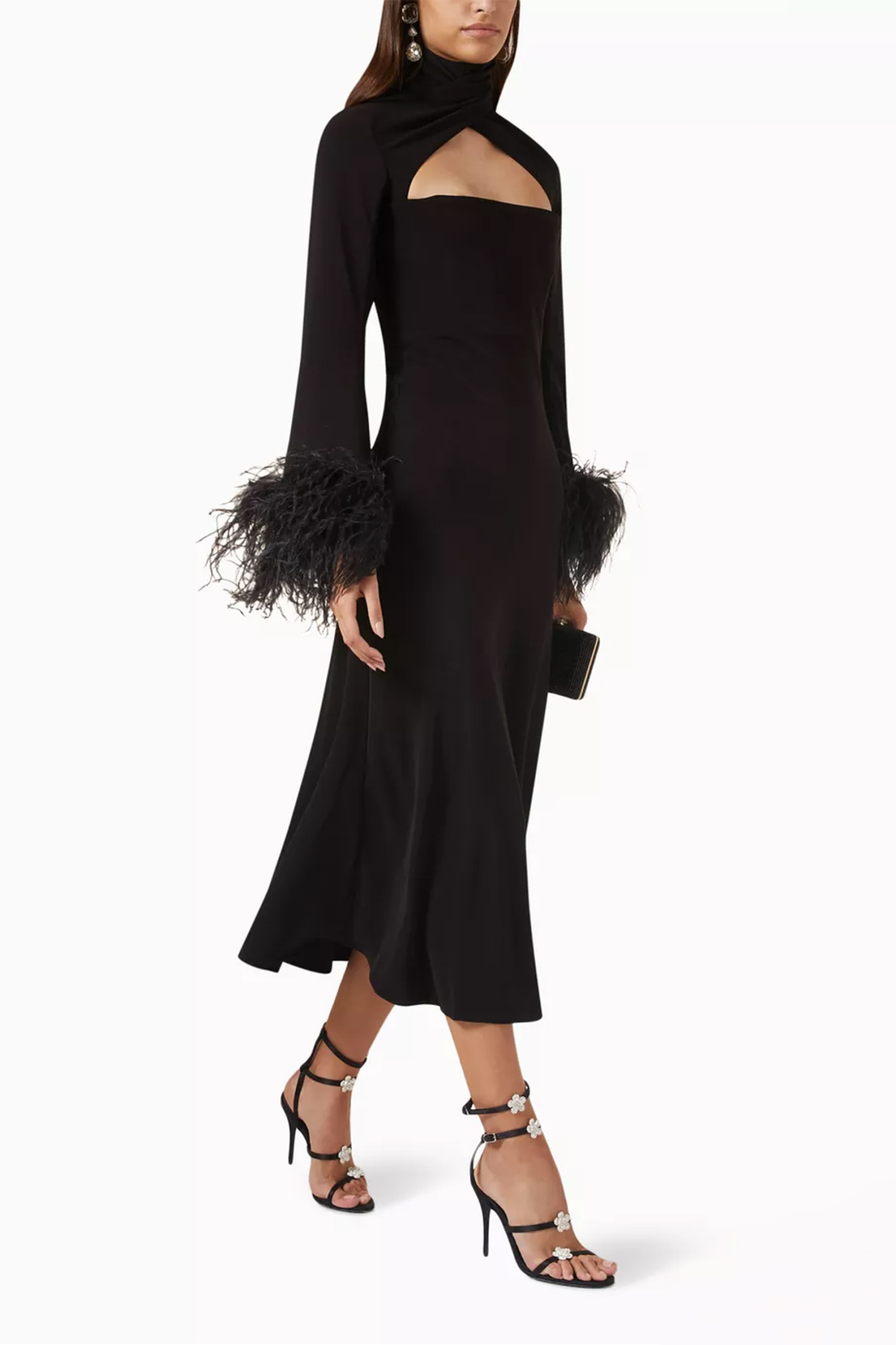 Feather Solid High Neck Midi Dress