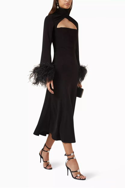 Feather Solid High Neck Midi Dress
