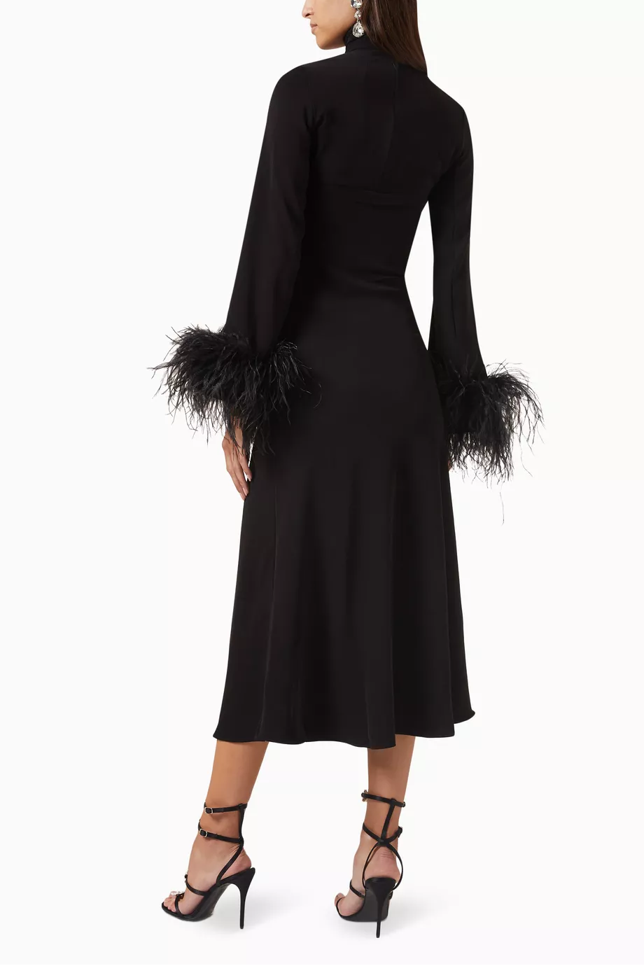 Feather Solid High Neck Midi Dress