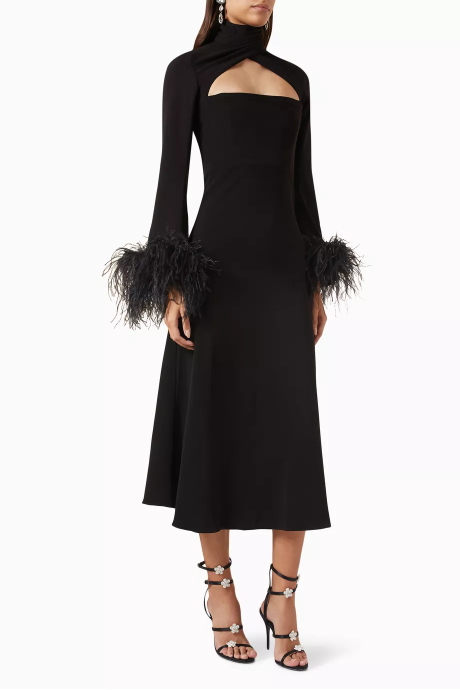 Feather Solid High Neck Midi Dress