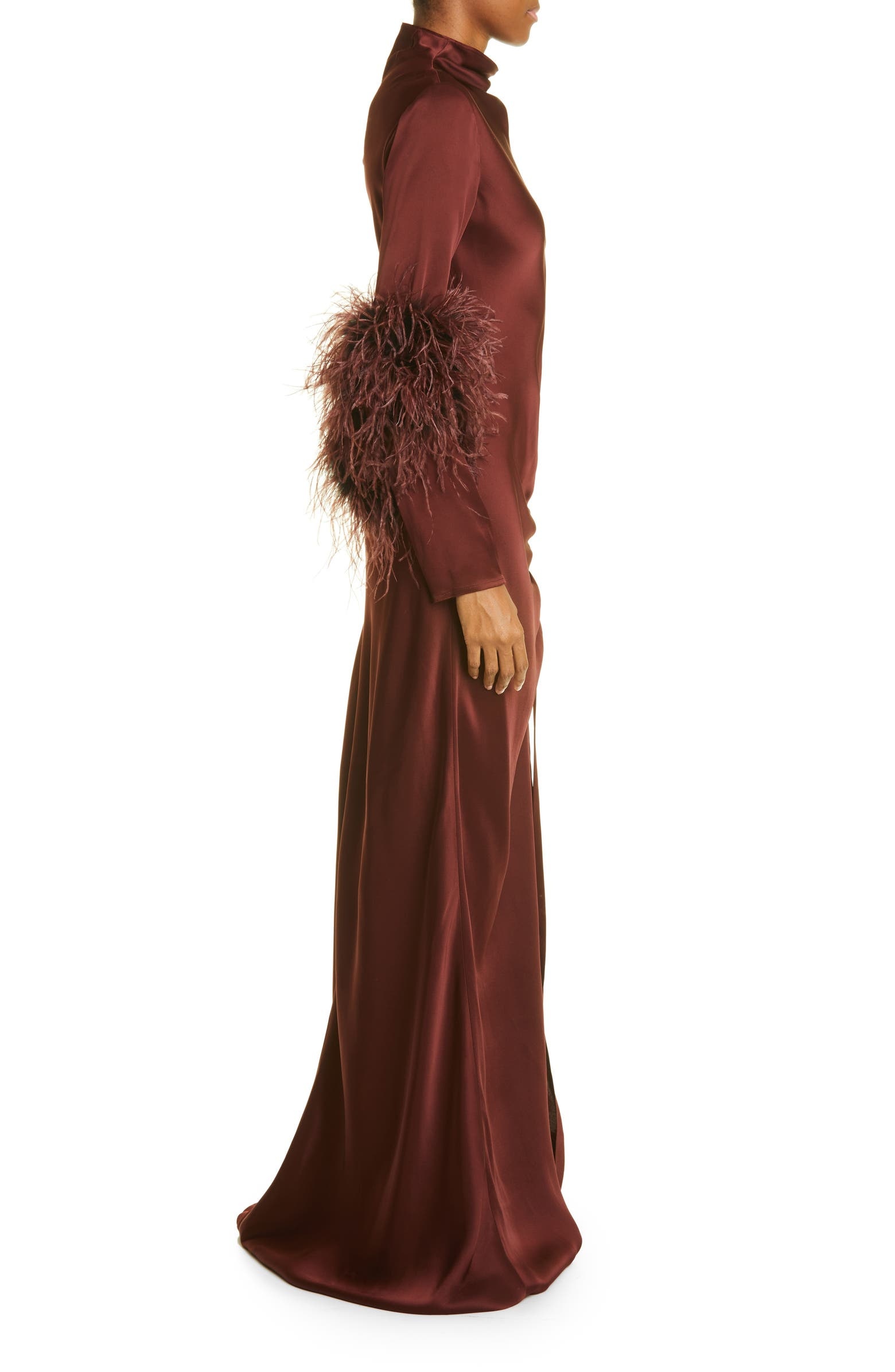 Satin Feather Ruched Maxi Dress