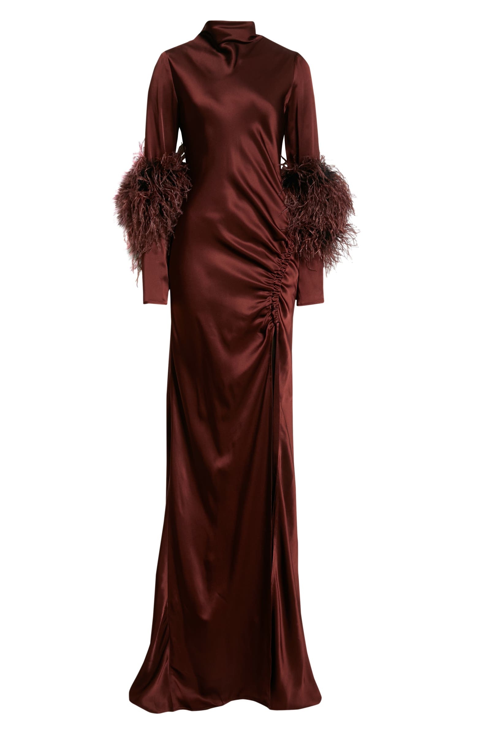 Satin Feather Ruched Maxi Dress