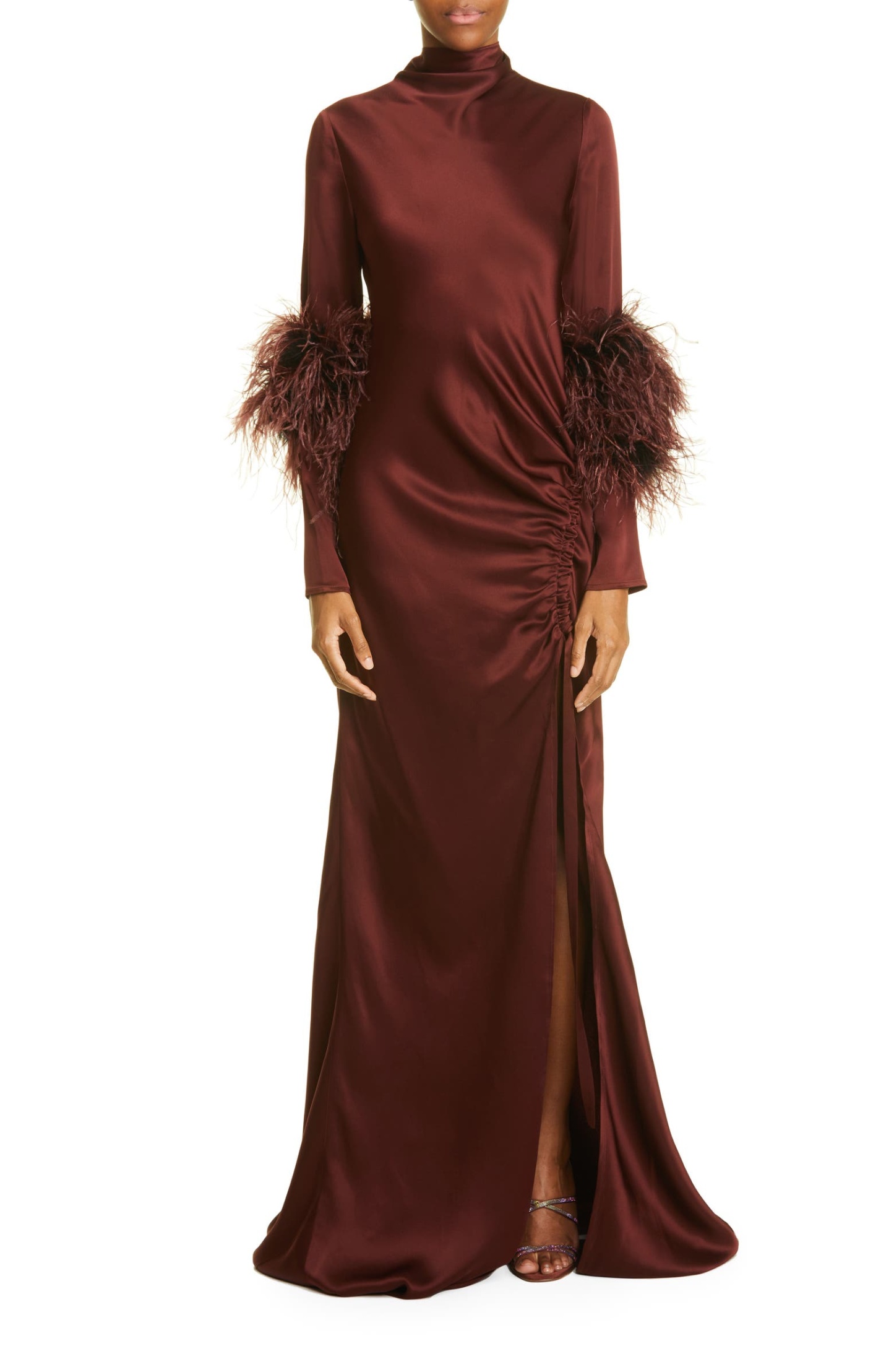 Satin Feather Ruched Maxi Dress JardinVue