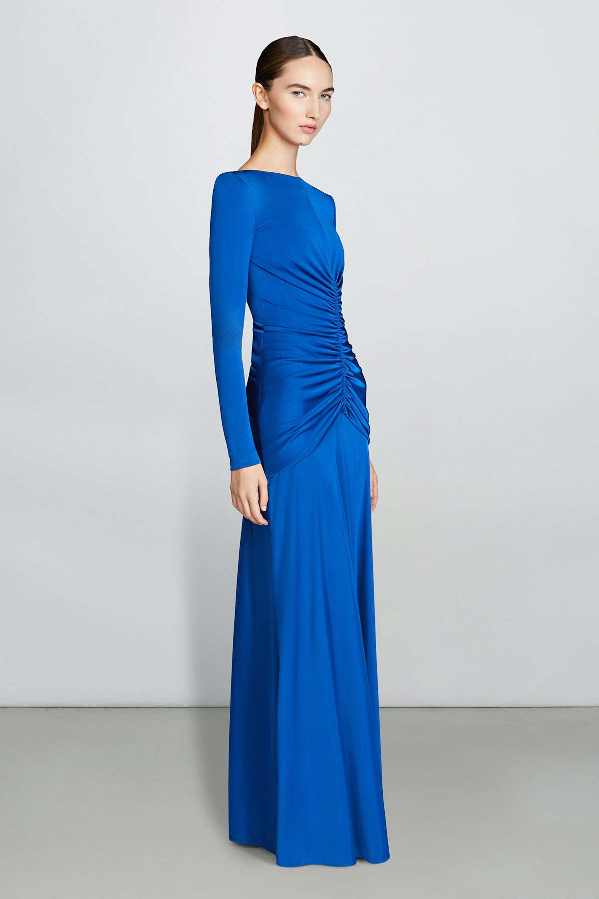 Solid Gathered Boat Neck Midi Dress