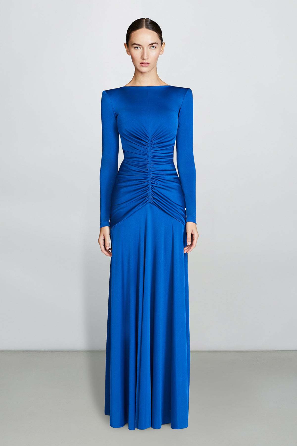 Solid Gathered Boat Neck Midi Dress