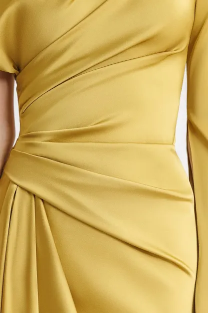 Satin Asymmetrical Neckline Draped Maxi Dress