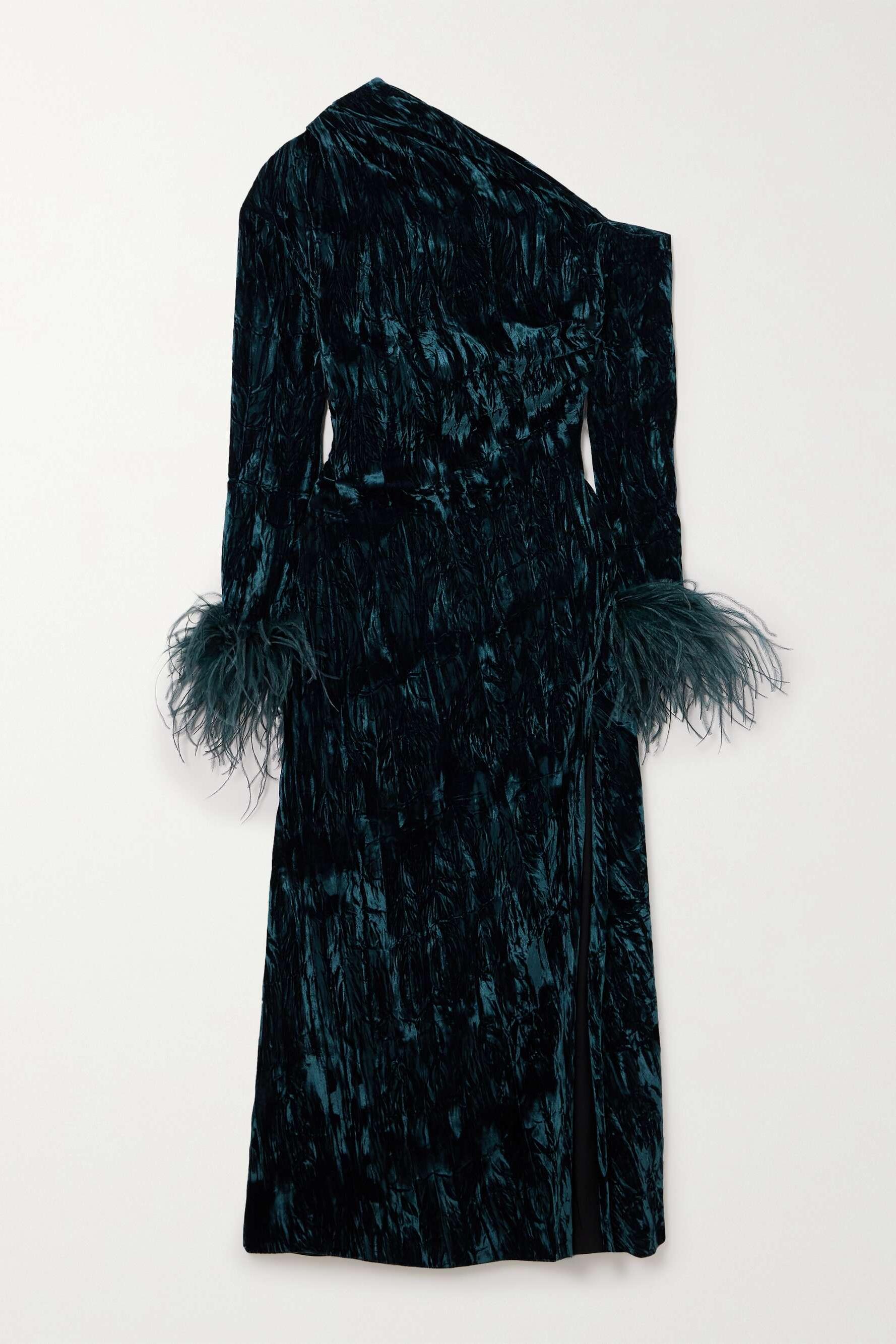 Feather One Shoulder Long Sleeve Midi Dress