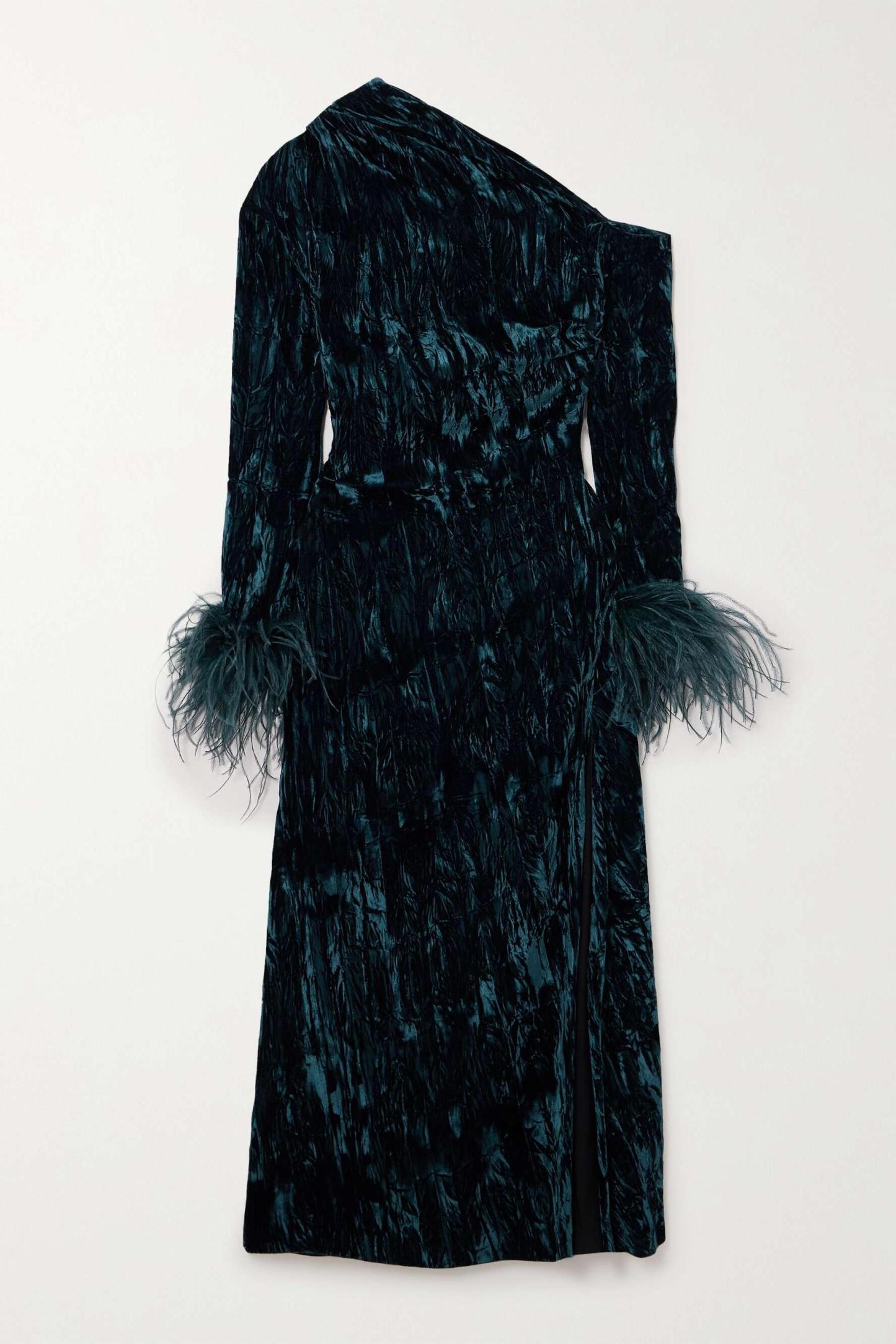 Feather One Shoulder Long Sleeve Midi Dress