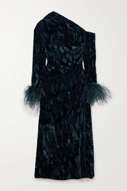 Feather One Shoulder Long Sleeve Midi Dress