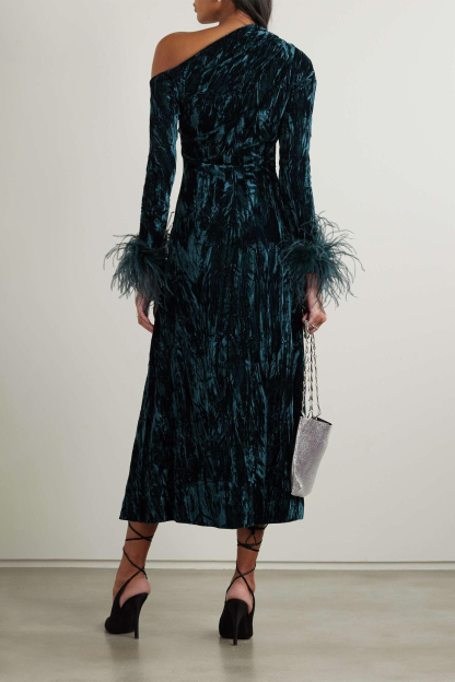 Feather One Shoulder Long Sleeve Midi Dress