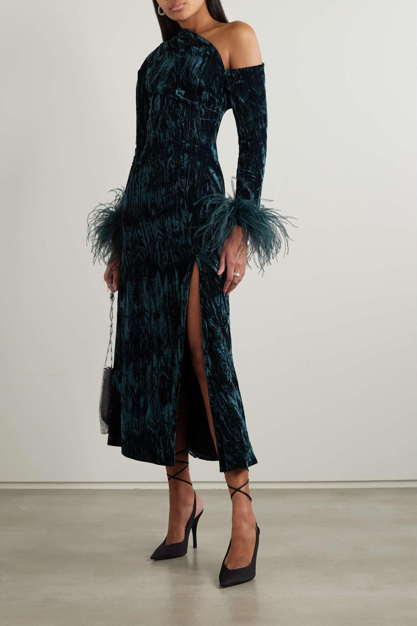 Feather One Shoulder Long Sleeve Midi Dress