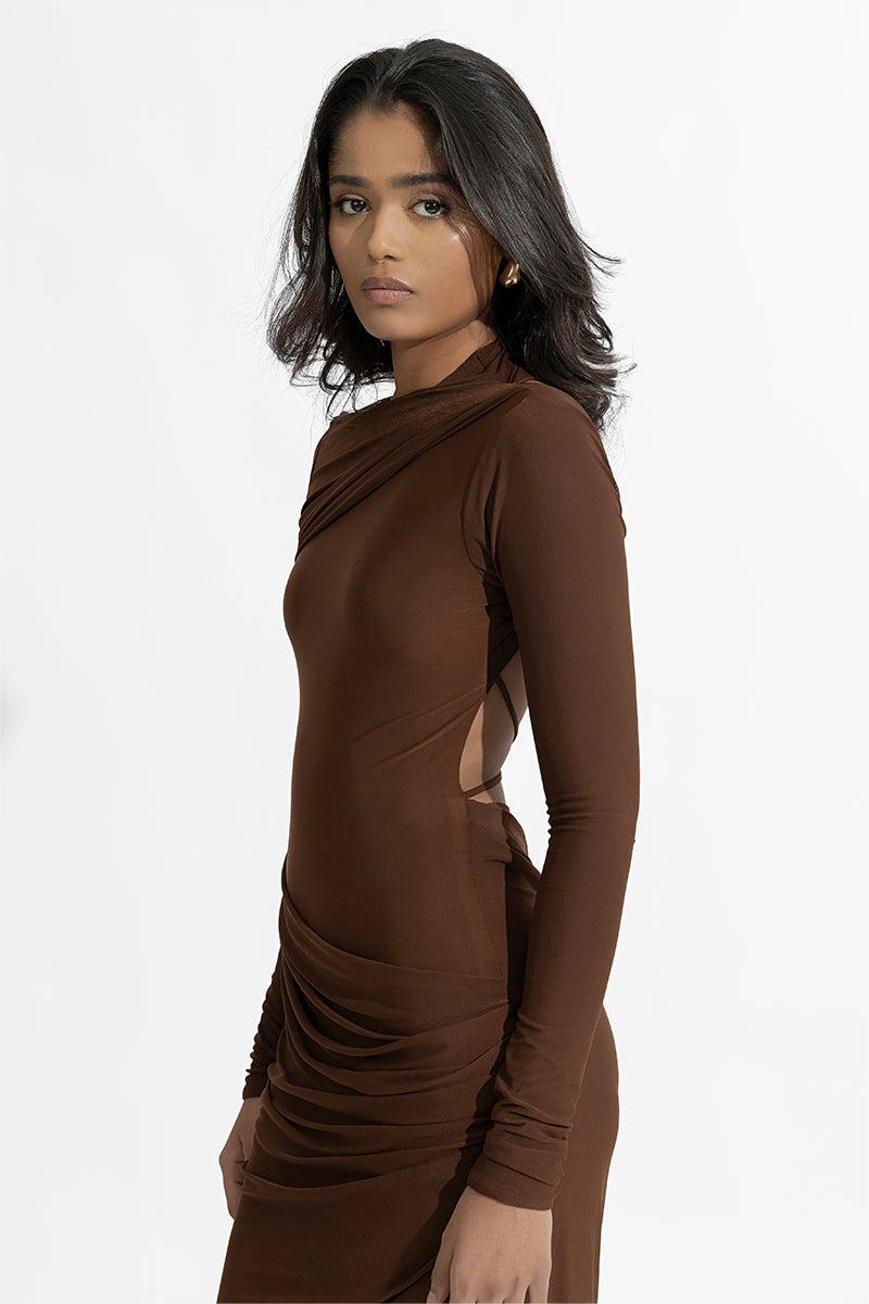 Solid Gathering Long Sleeve Maxi Dress