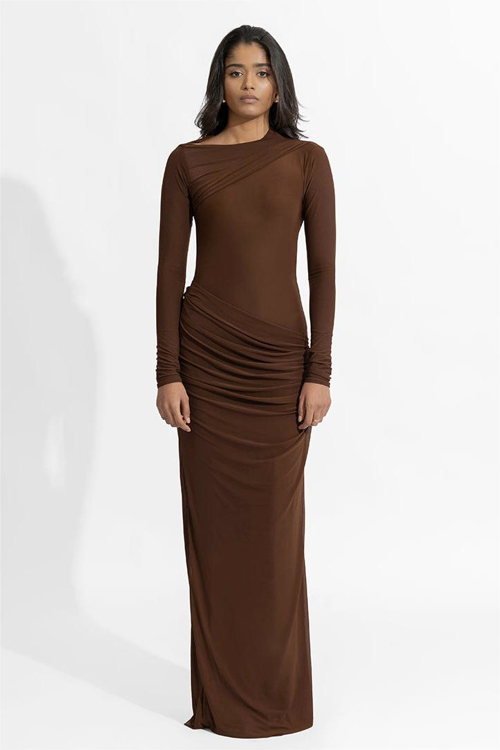 Solid Gathering Long Sleeve Maxi Dress