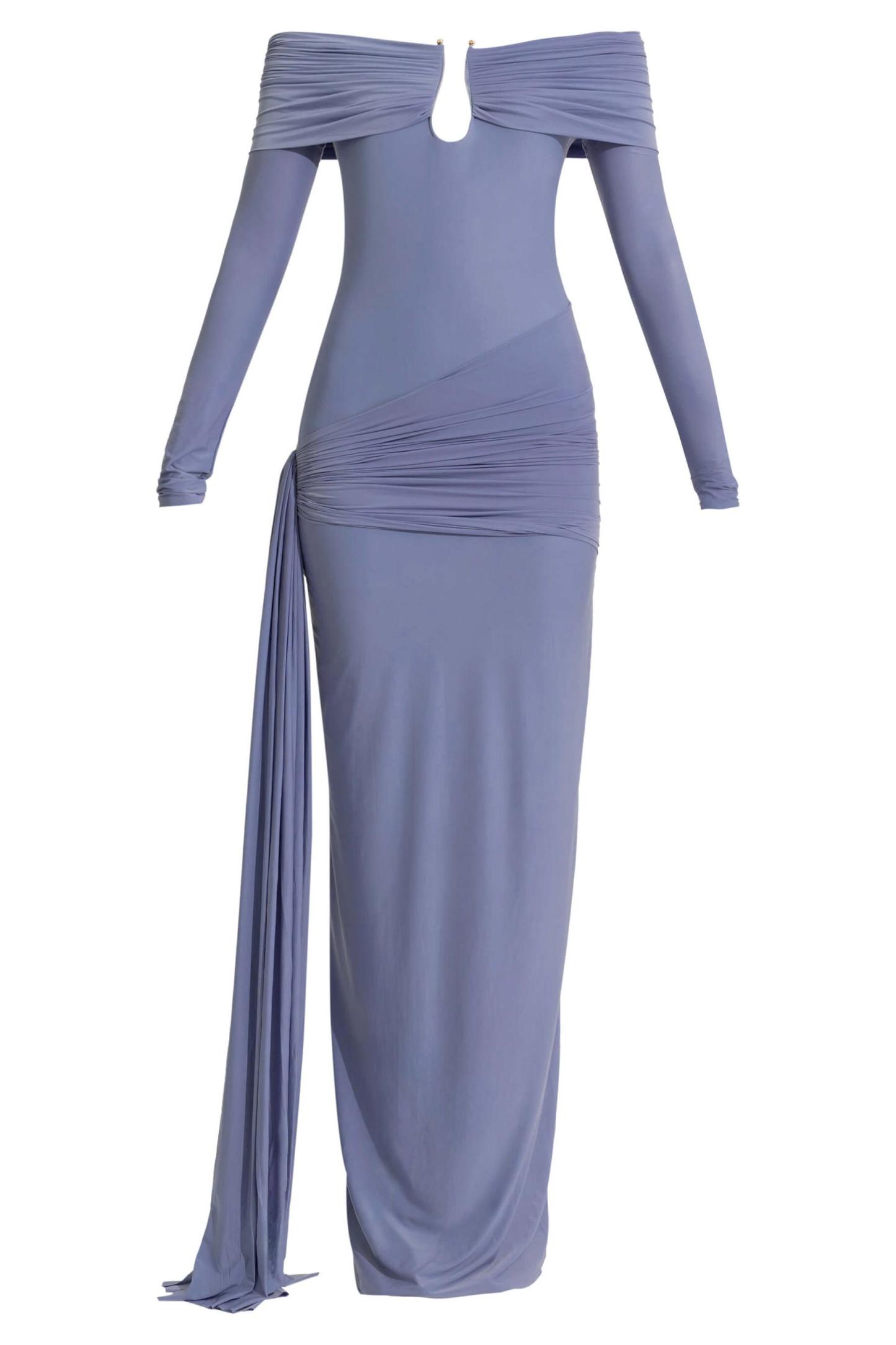 Solid Ruched Off-Shoulder Maxi Dress